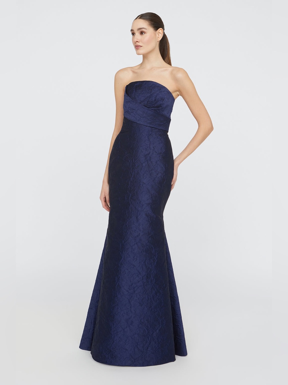 Theia Harlow Strapless Navy Jacquard Mermaid Gown